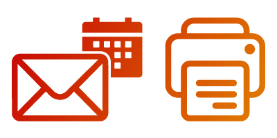 Illustration with an email icon overlaying a calendar icon next to a print icon